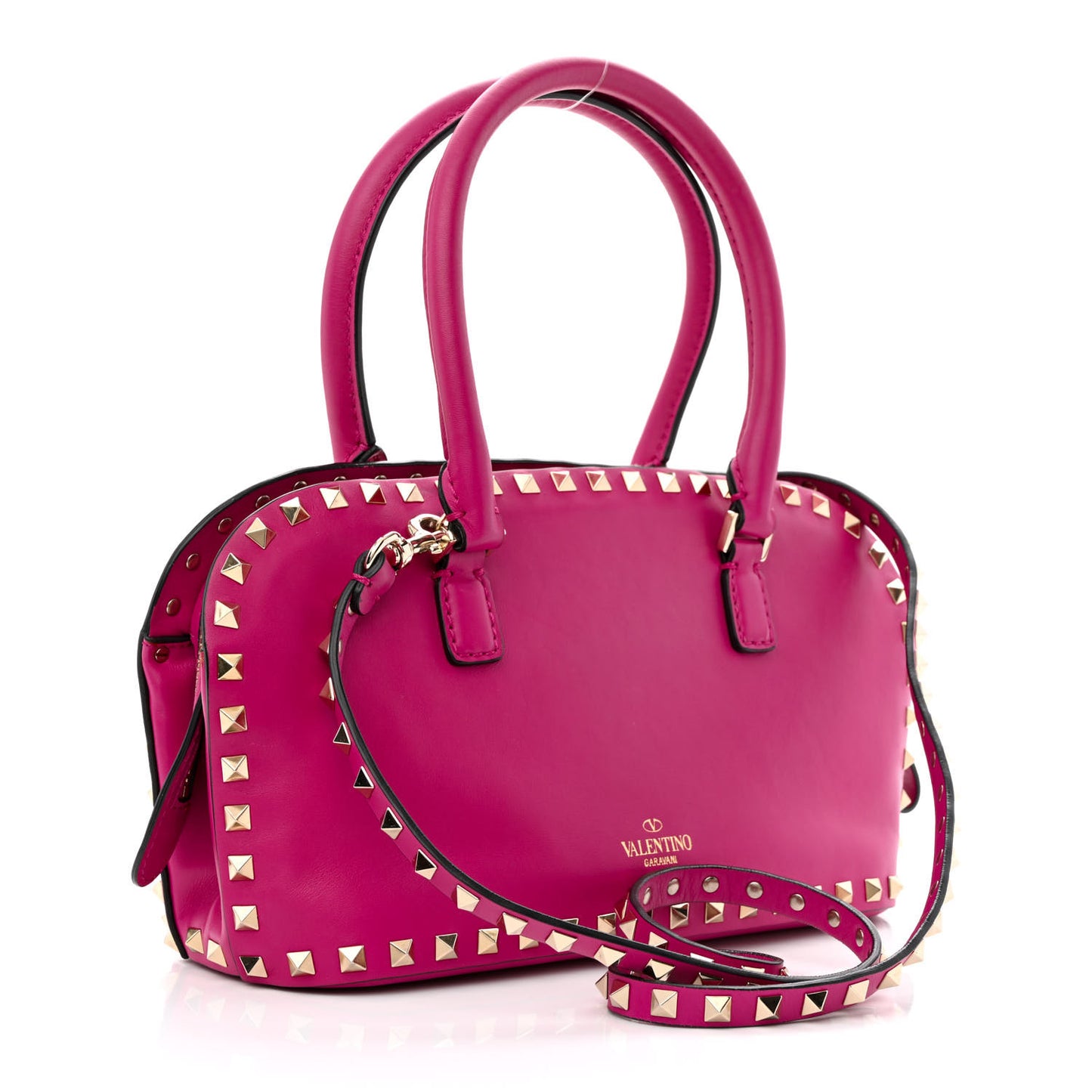 Vitello Rockstud Double Top Handle Satchel Fuxia