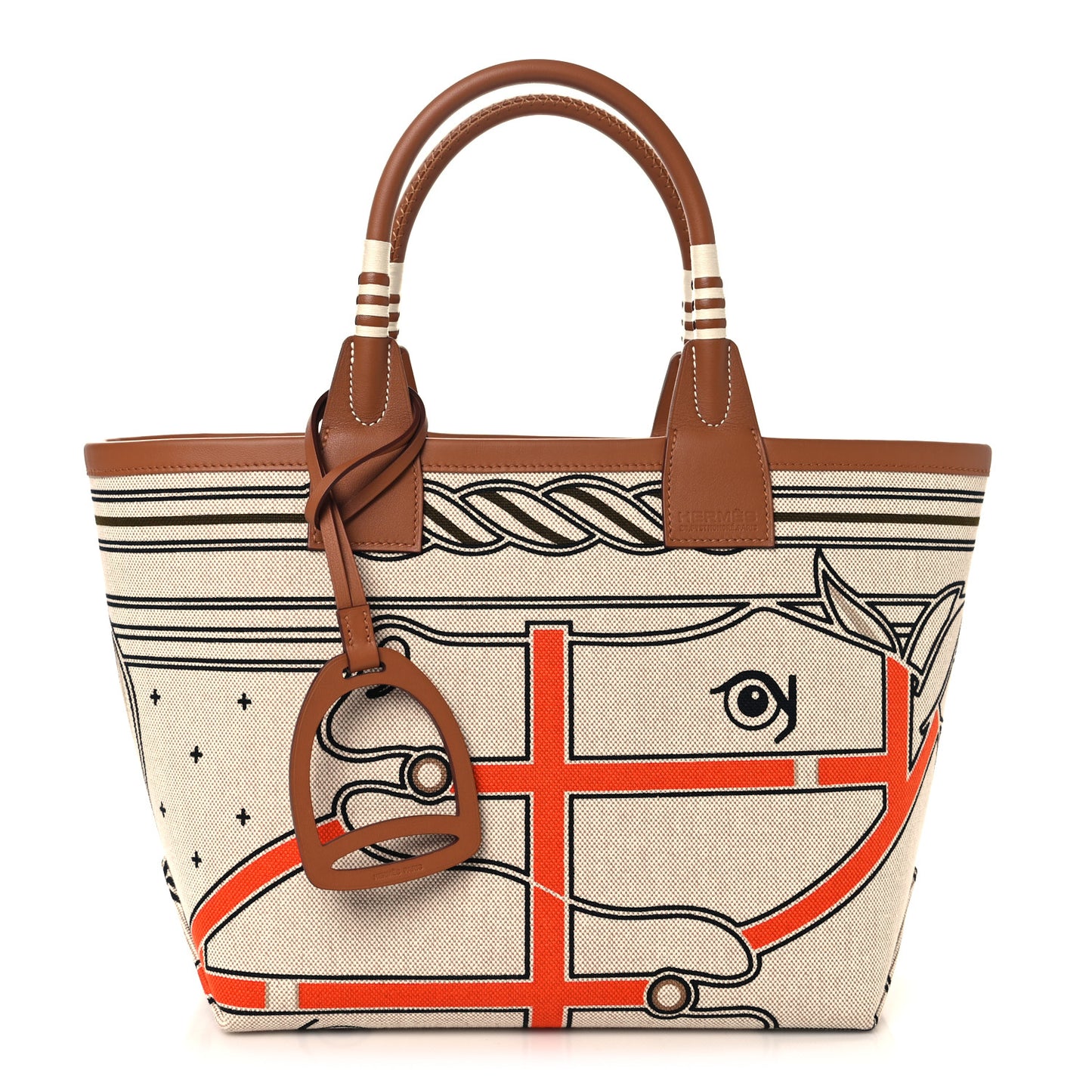 H Plume Canvas Swift Printed Quadrige au Fil Steeple 25 Bag Gris Beige Ecru Beige Gold