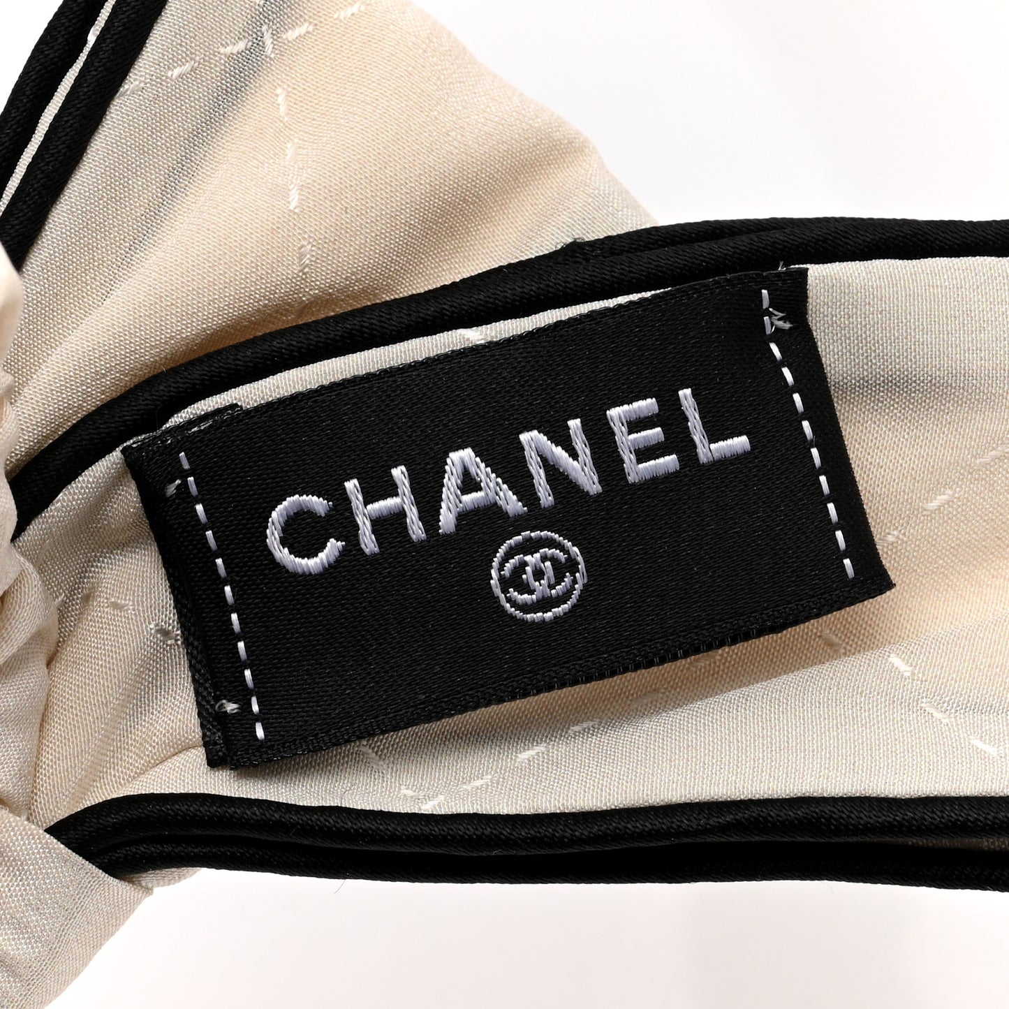 Silk CC Bow Hair Tie Ecru Black