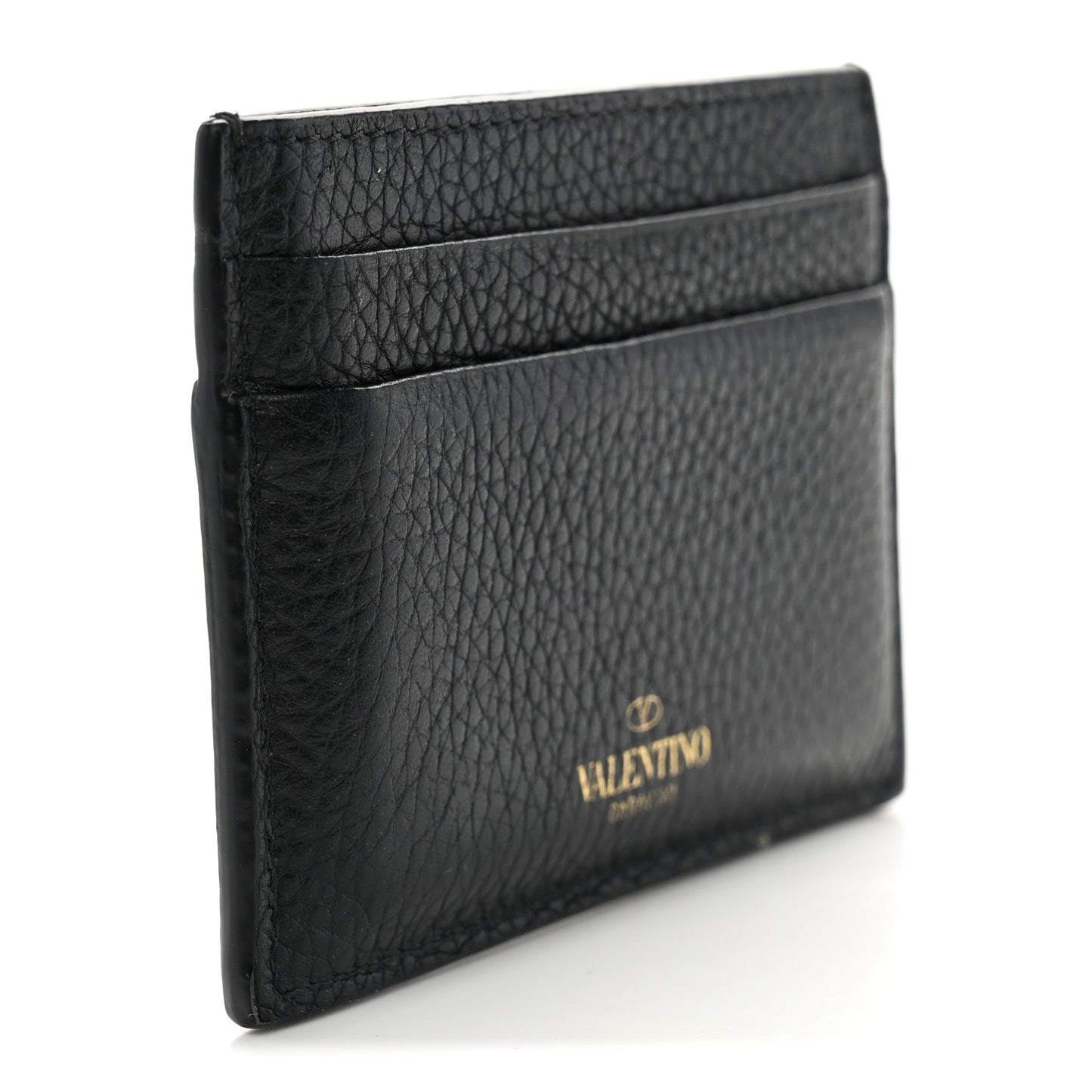 Pebbled Calfskin Rockstud Card Holder Black