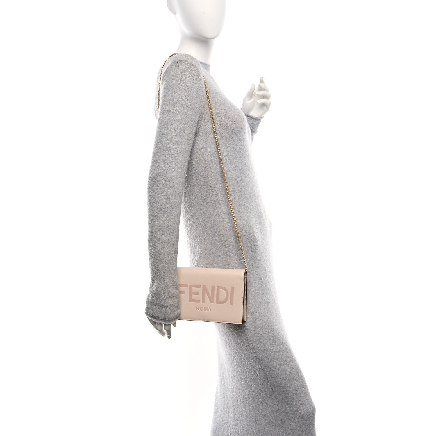 Fendi Vitello King Tamponato Logo Embossed Medium Wallet On Chain Poudre 2 of 10