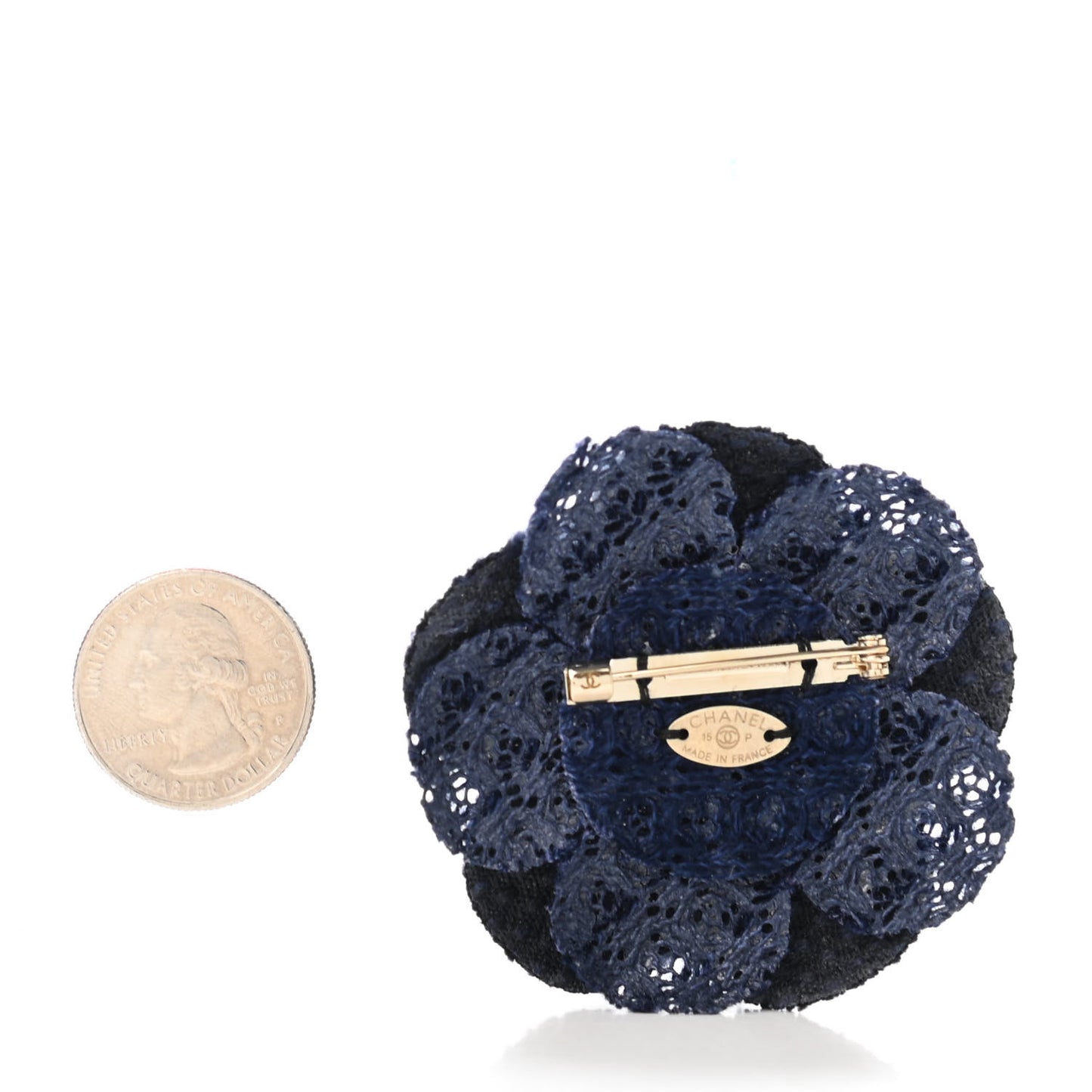 Tweed Camellia Pin Brooch Navy Black