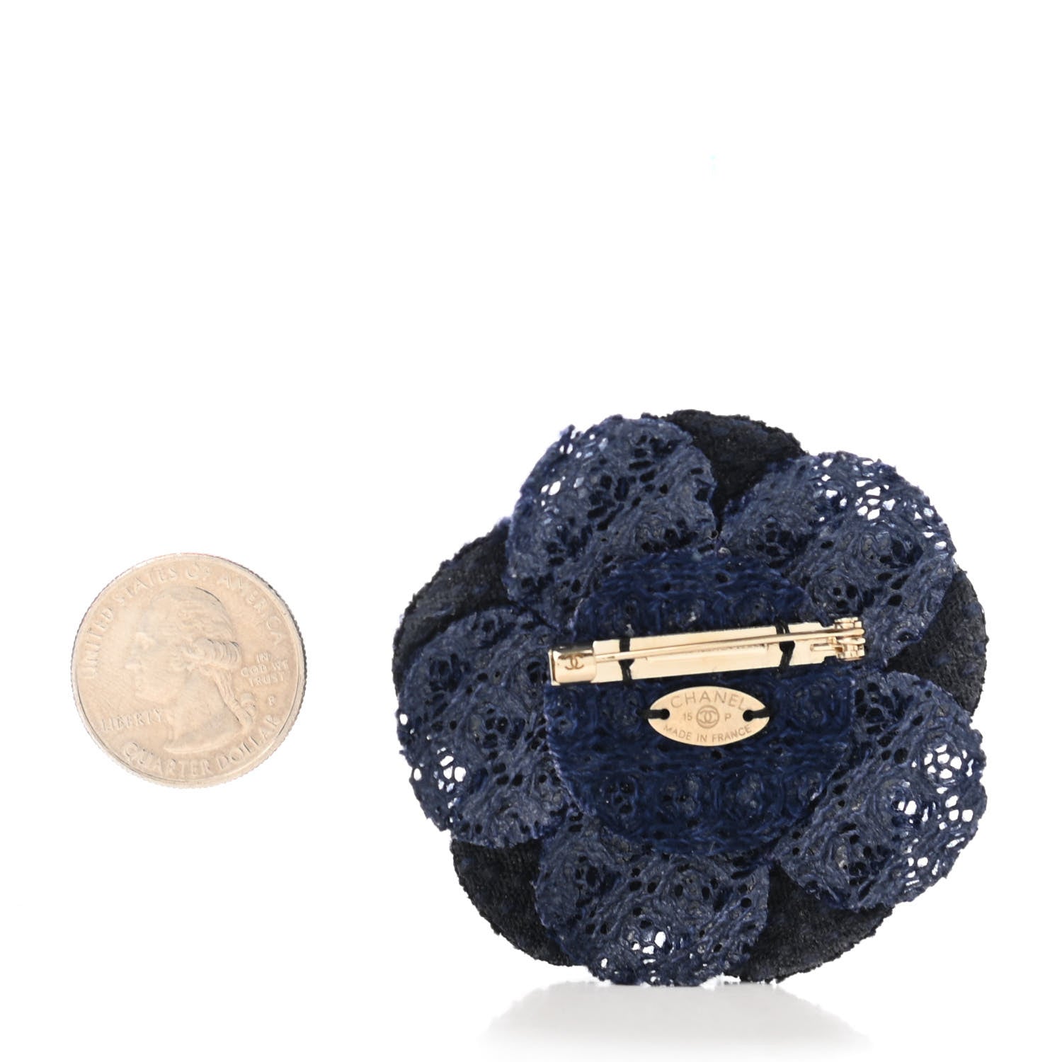 Chanel Tweed Camellia Pin Brooch Navy Black 2 of 3