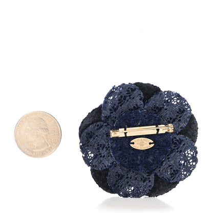 Chanel Tweed Camellia Pin Brooch Navy Black 2 of 3