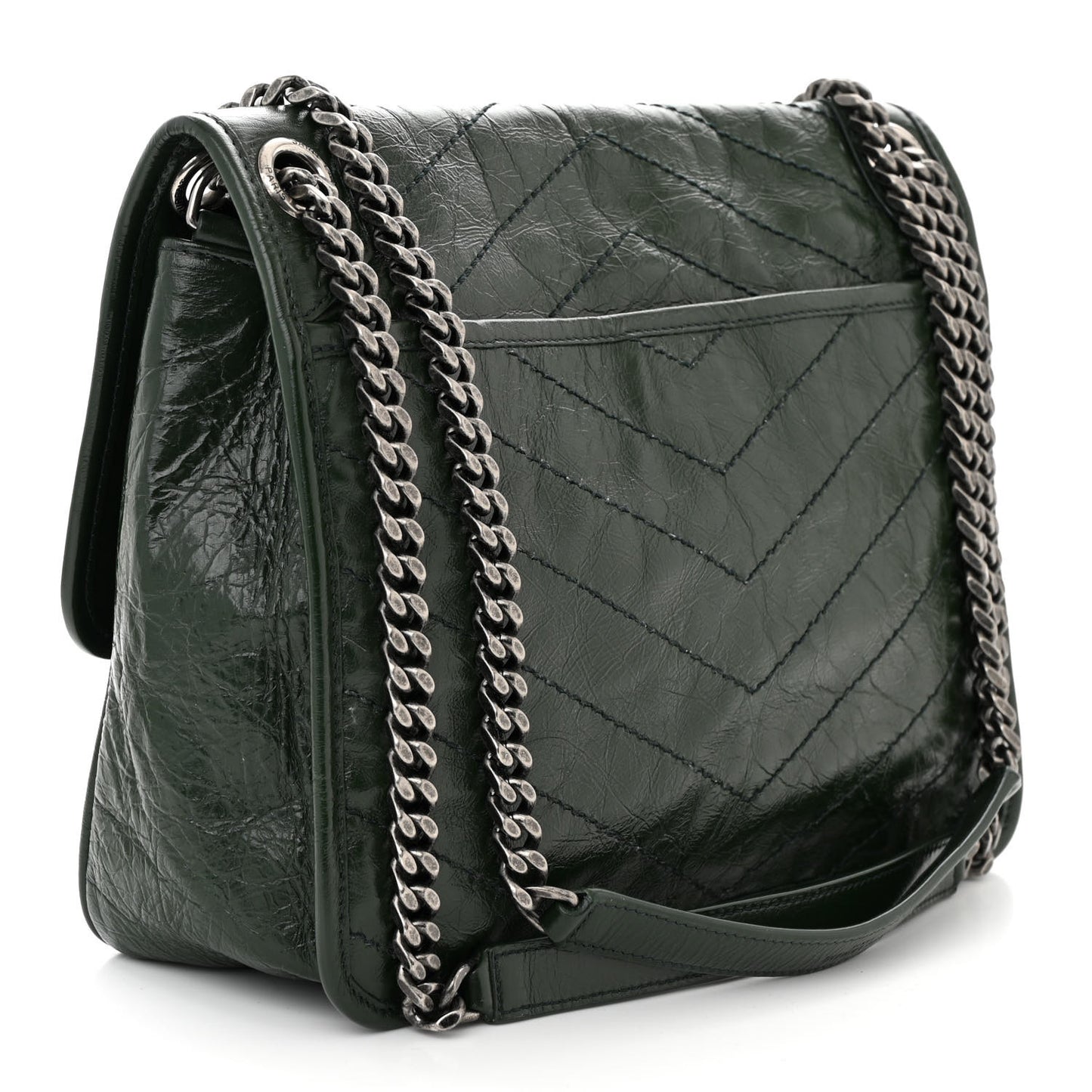 Crinkled Calfskin Matelasse Monogram Medium Niki Chain Satchel Military Olive