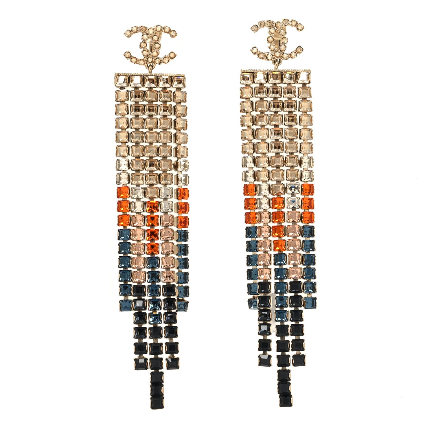 Chanel Crystal Skyline CC Drop Clip On Earrings Gold Blue Black Red 1 of 4