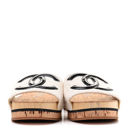 Chanel Tweed Cork CC Mule Sandals 37 White Black 2 of 7