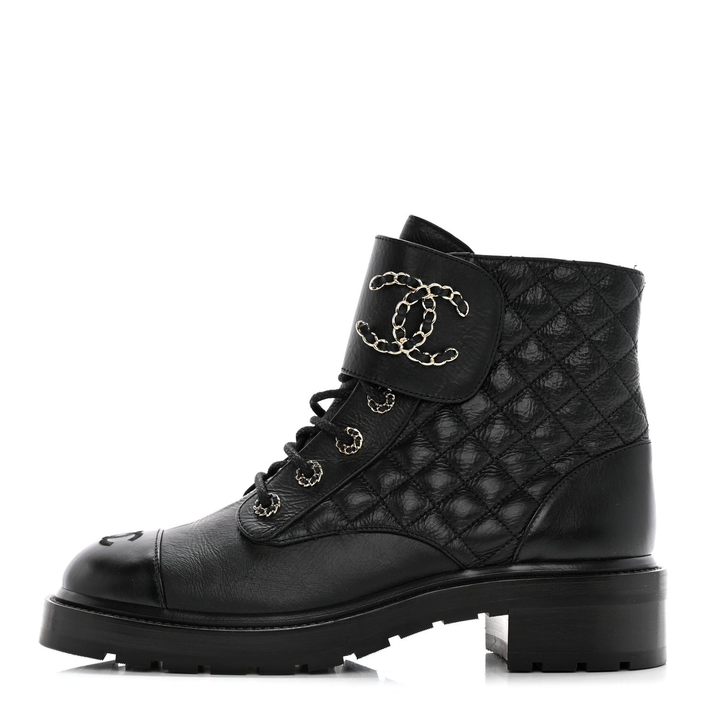 Shiny Lambskin Quilted Lace Up Combat Boots 42 Black