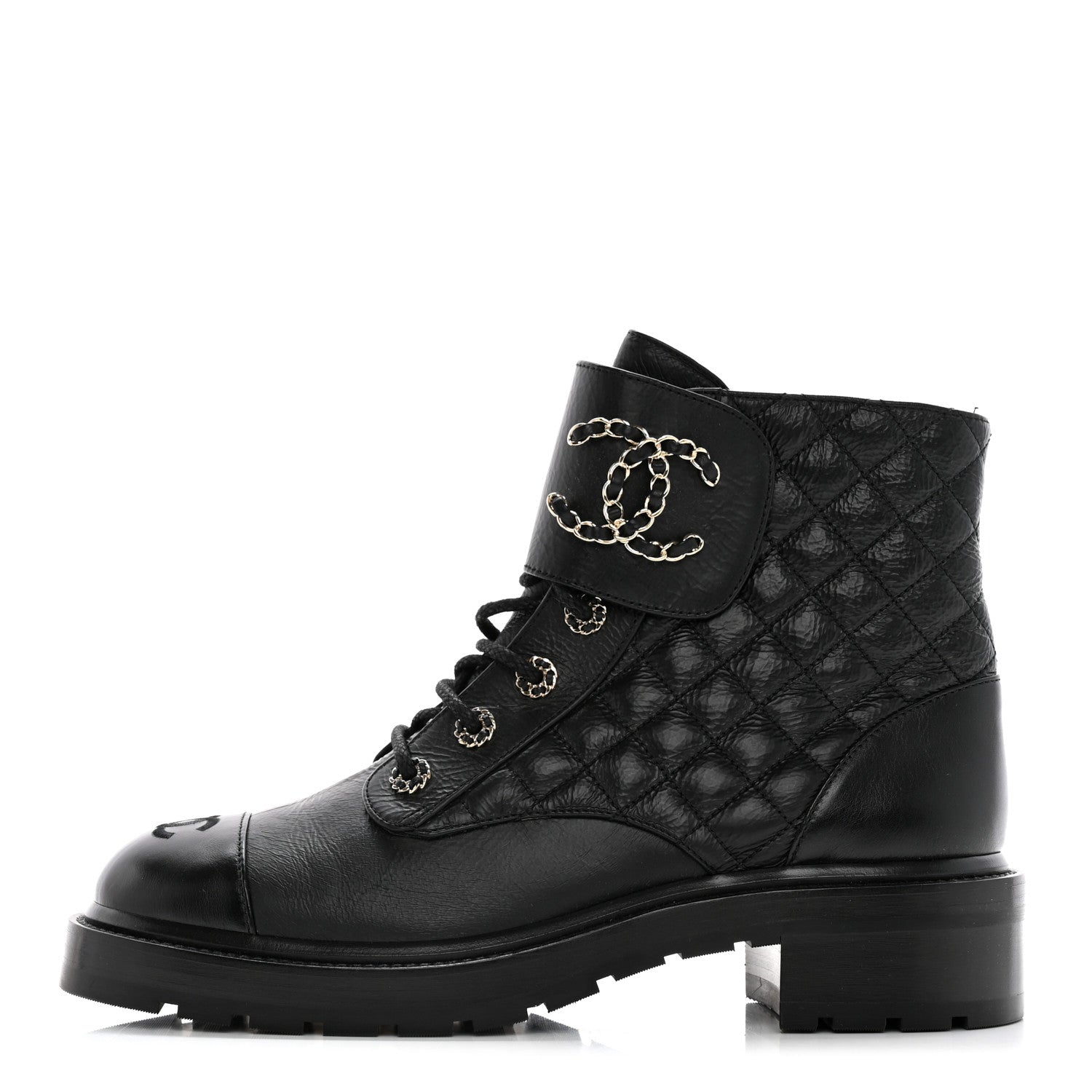 Chanel Shiny Lambskin Quilted Lace Up Combat Boots 42 Black 1 of 14