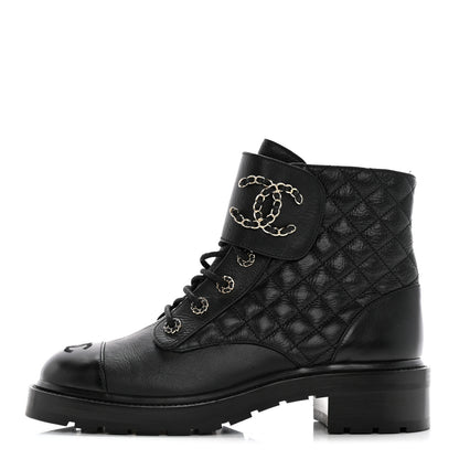 Chanel Shiny Lambskin Quilted Lace Up Combat Boots 42 Black 1 of 14