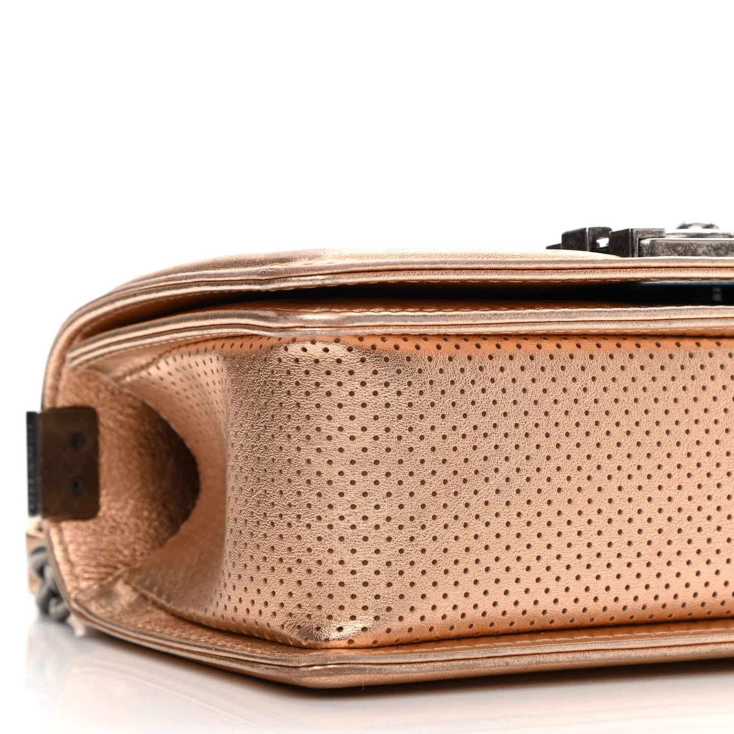 Metallic Calfskin Perforated Small Boy Flap Gold