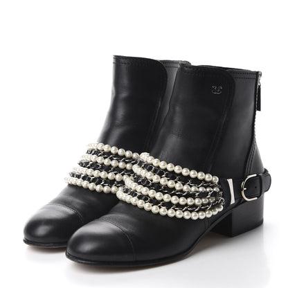 Chanel Calfskin Pearl Cap Toe Short Boots 37.5 Black 3 of 11