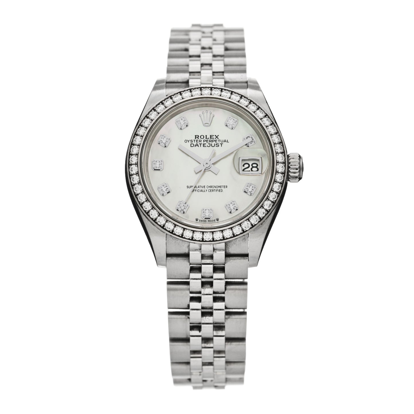 Stainless Steel 18K White Gold Diamond Mother of Pearl 28mm Oyster Perpetual Datejust Watch 279384