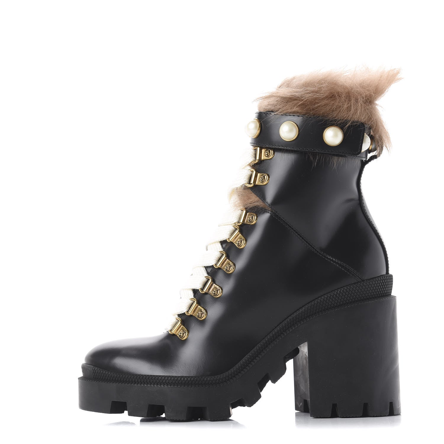 Gucci Magnum Calfskin Fur Pearl Lace Up Combat Ankle Boots 36 Black Naturale 1 of 8