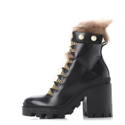 Gucci Magnum Calfskin Fur Pearl Lace Up Combat Ankle Boots 36 Black Naturale 1 of 8