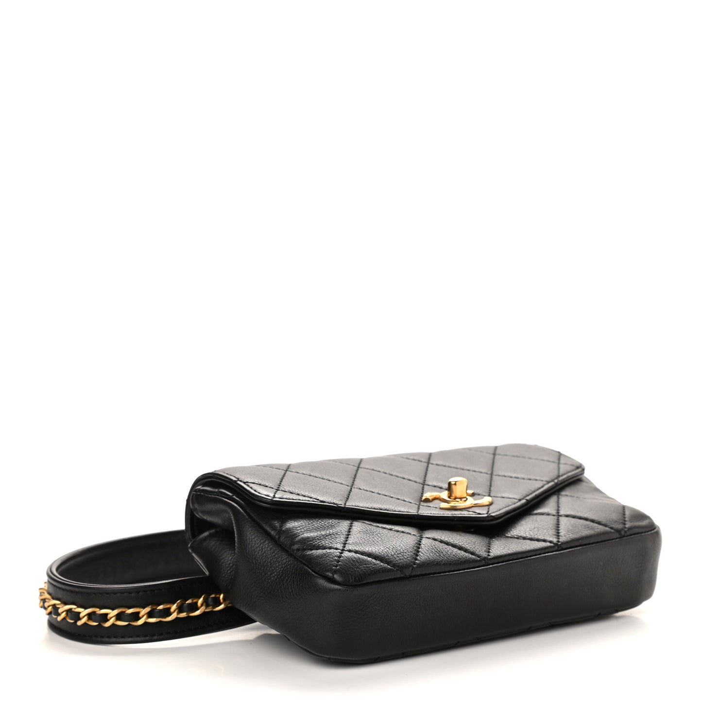 Lambskin Quilted Flap Waist Belt Bag Black