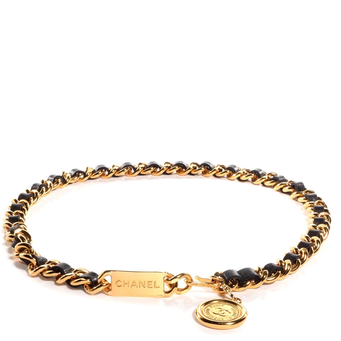 Leather Gold Chain Link Medallion Belt Black