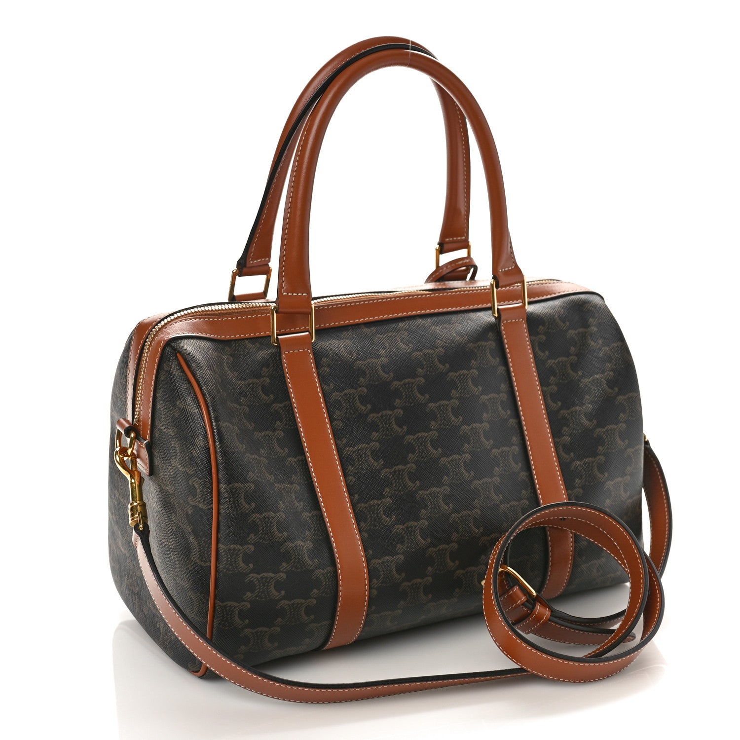 Celine Triomphe Canvas Calfskin Boston Bag Tan 3 of 8
