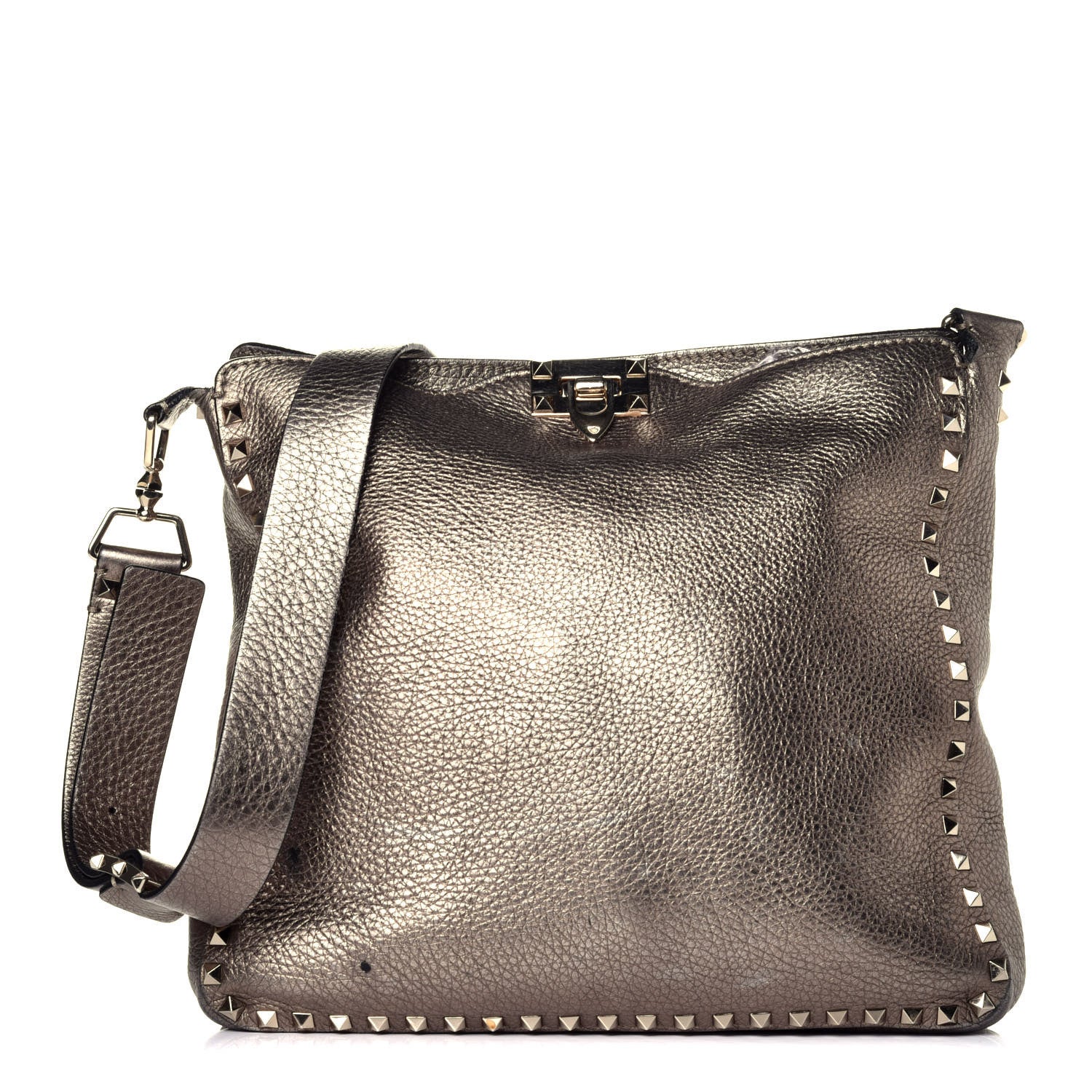 Valentino Garavani Metallic Pebbled Calfskin Large Rockstud Flip-Lock Messenger Bag Sasso 1 of 8