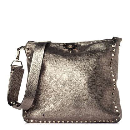 Valentino Garavani Metallic Pebbled Calfskin Large Rockstud Flip-Lock Messenger Bag Sasso 1 of 8