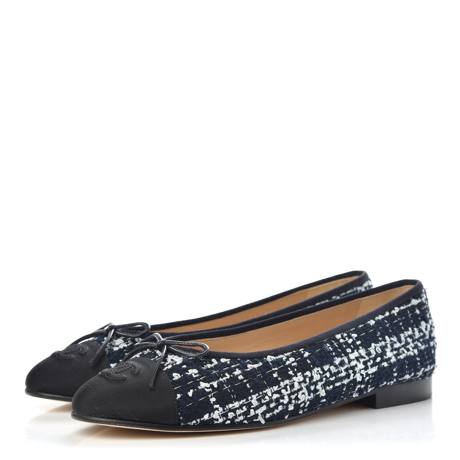 Chanel Tweed Grosgrain Cap Toe Ballerina Flats 38.5 Navy Blue White Black 3 of 11