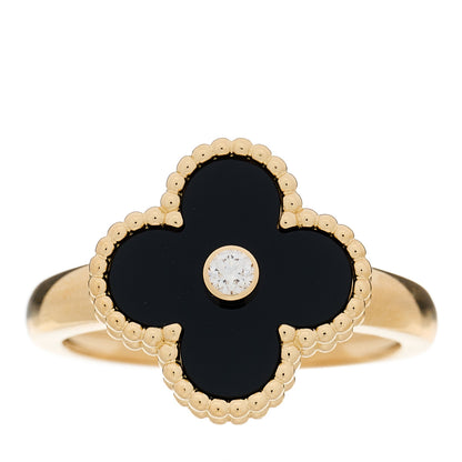 Van Cleef & Arpels 18K Yellow Gold Black Onyx Diamond Vintage Alhambra Ring 57 8 1 of 5