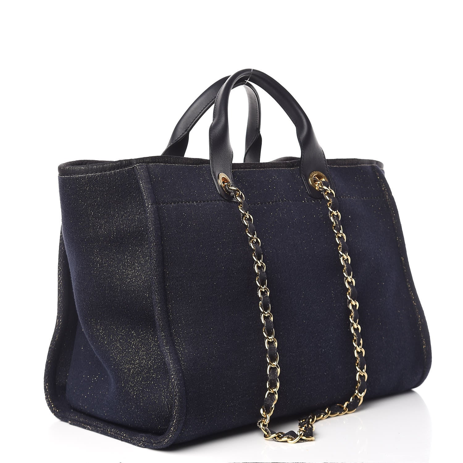 Chanel Lurex Canvas Medium Deauville Tote Navy Blue Gold 3 of 13
