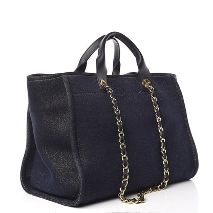 Chanel Lurex Canvas Medium Deauville Tote Navy Blue Gold 3 of 13