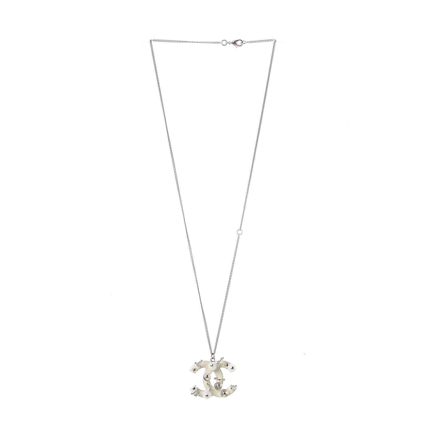 Enamel Beaded CC Necklace Silver White