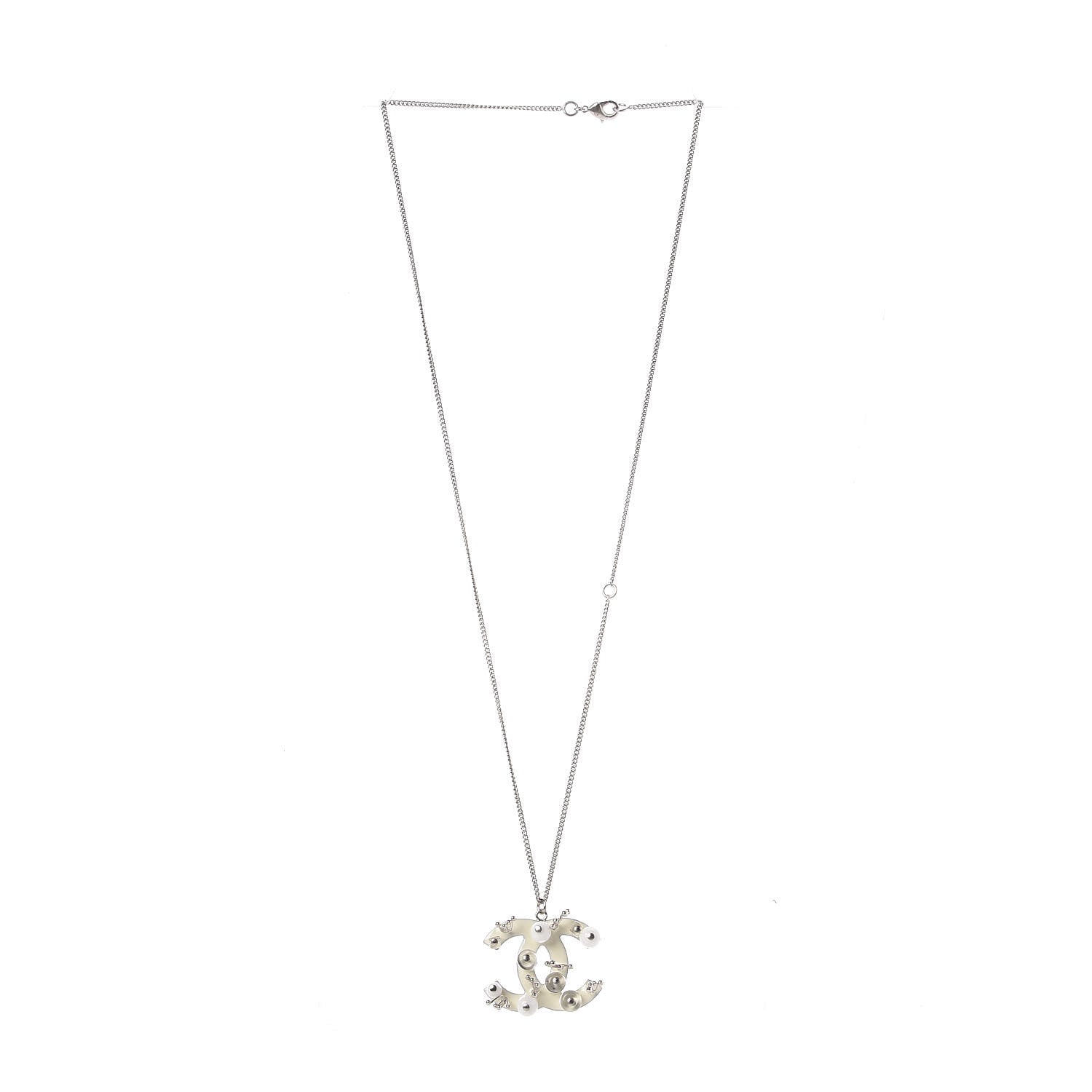 Chanel Enamel Beaded CC Necklace Silver White 3 of 6