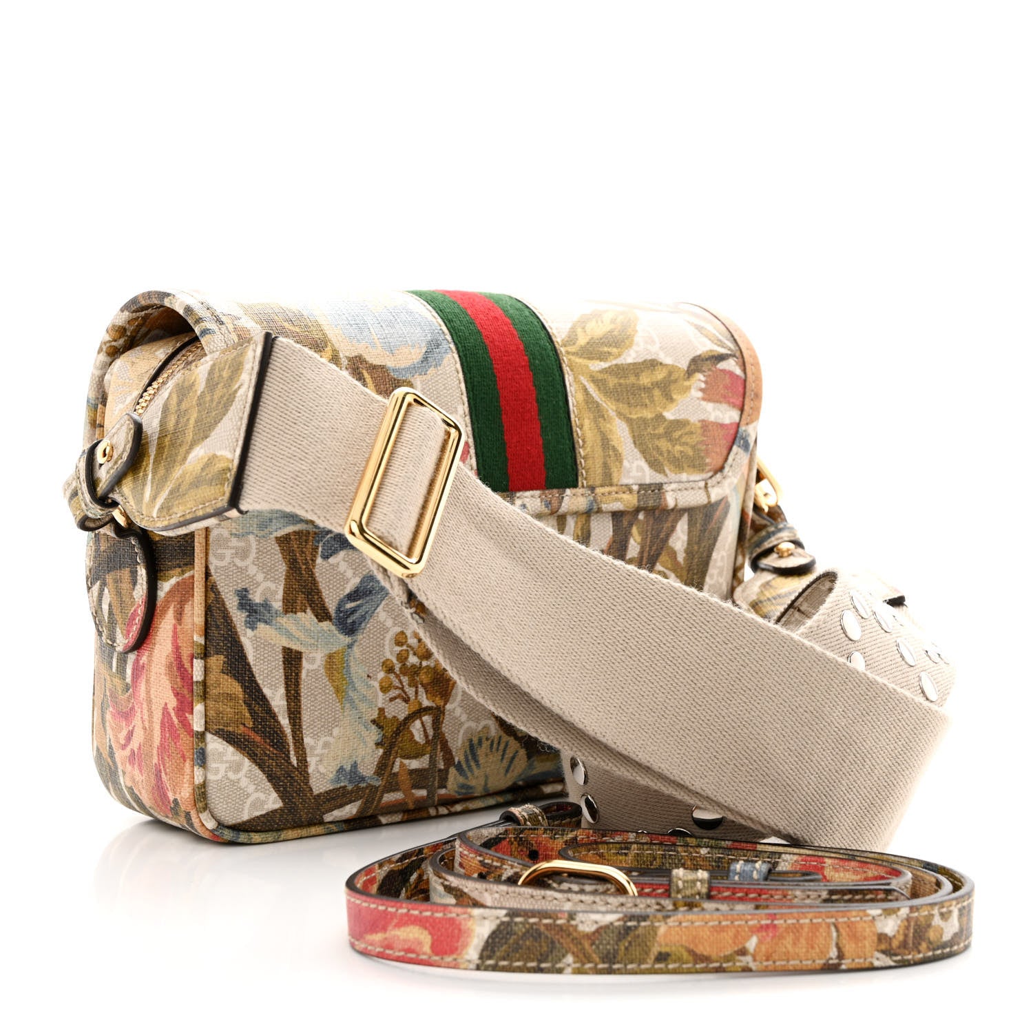 Gucci GG Supreme Monogram Water Flora Web Studded Mini Ophidia Flap Shoulder Bag Beige White Multicolor 3 of 12