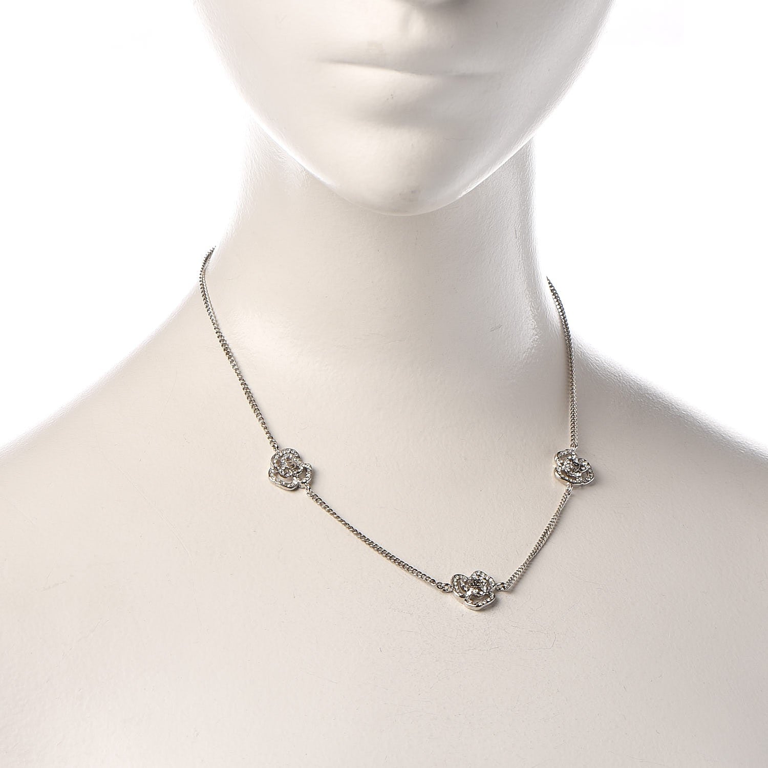 Chanel Swarovski Crystal Station Camellia CC Necklace Silver 2 of 6