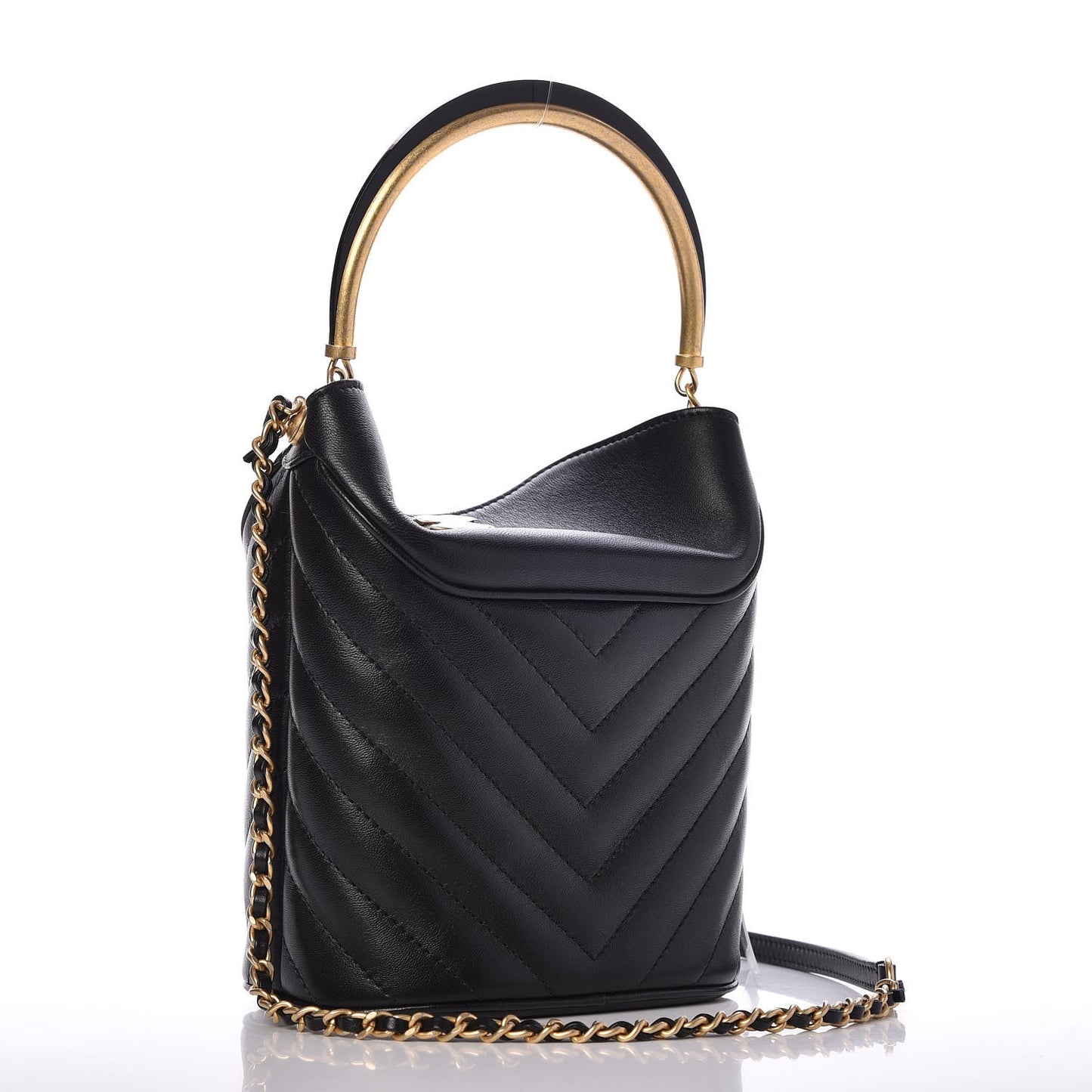 Lambskin Chevron Quilted Handle With Chic Bucket Bag Black