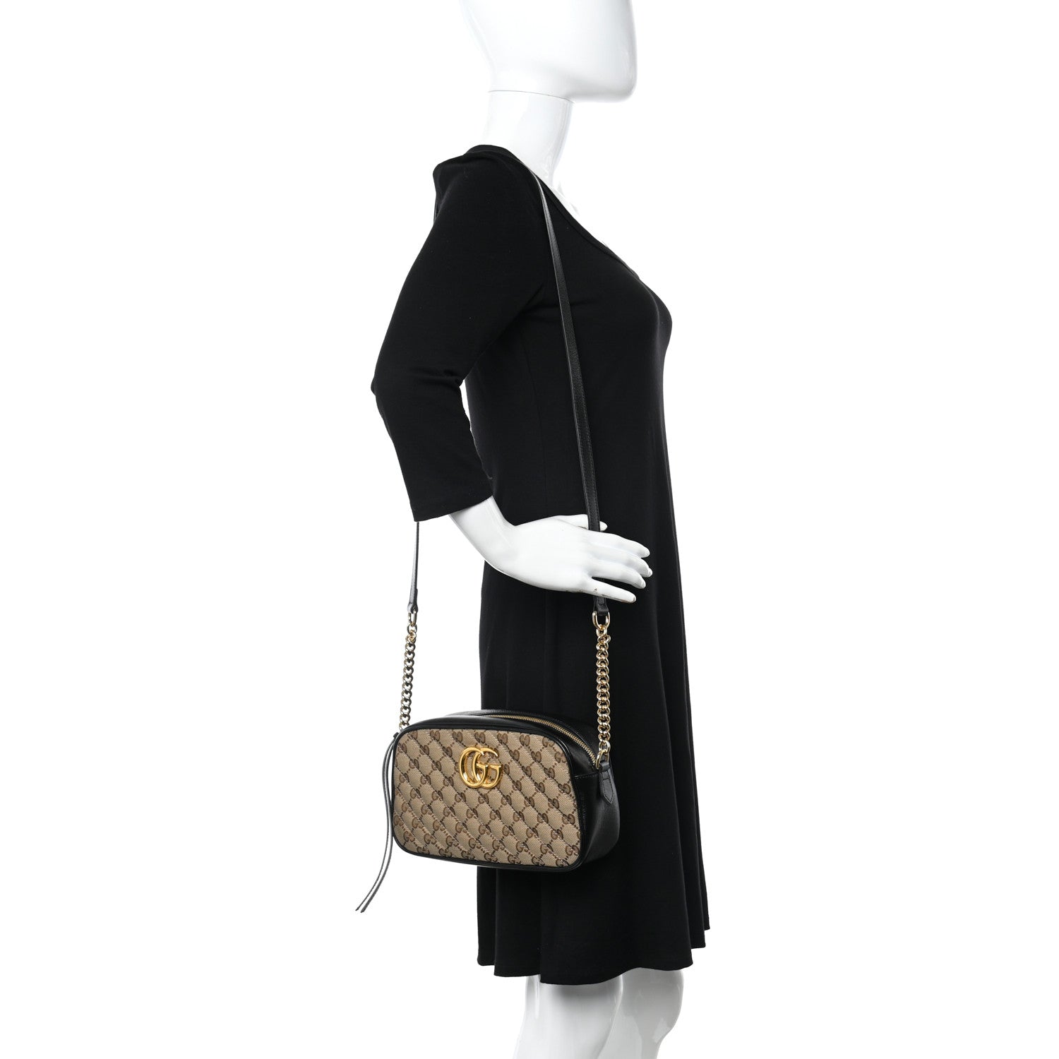 Gucci Monogram Matelasse Diagonal Small GG Marmont Chain Shoulder Bag Beige Black 2 of 10