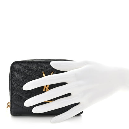 Saint Laurent Grain De Poudre Matelasse Chevron Monogram Compact Zip Around Wallet Black 2 of 11