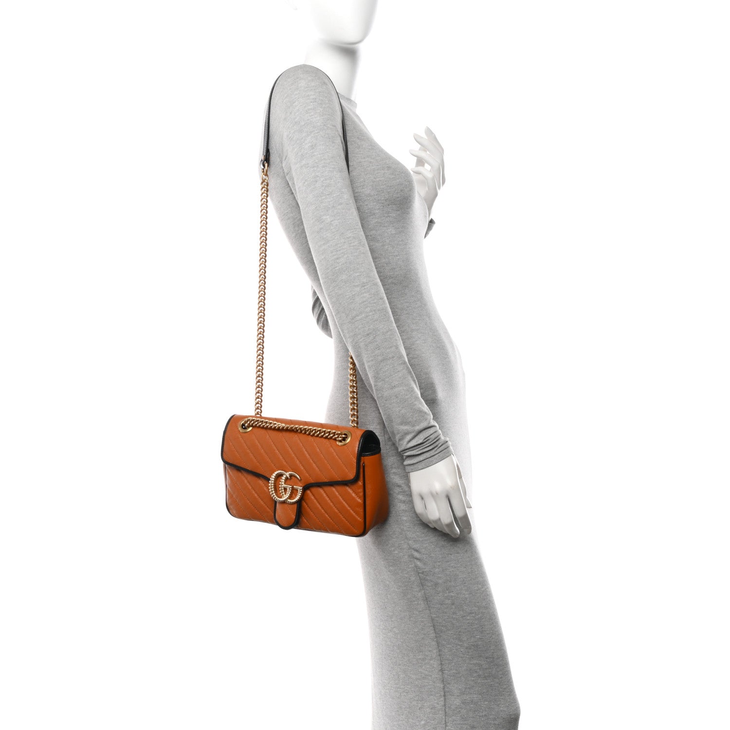 Gucci Vintage Effect Calfskin Matelasse Diagonal Small Torchon GG Marmont Shoulder Bag Cognac Black 2 of 10