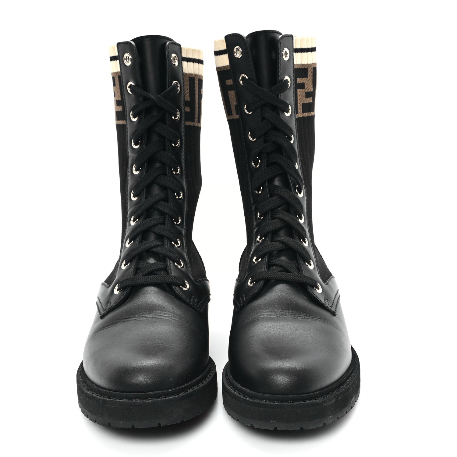Fendi Calfskin Stretch Fabric Rockoko Biker Boots 38.5 Tobacco Black Marino 3 of 9