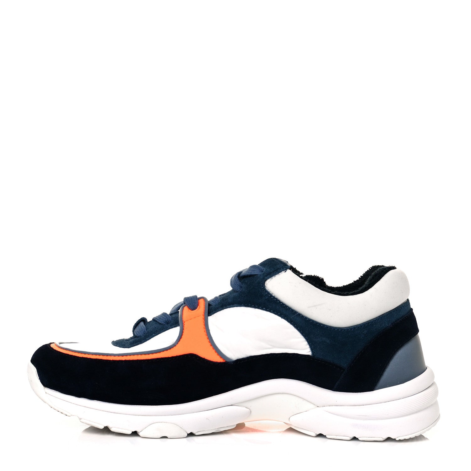 Chanel Nylon Calfskin Suede CC Womens Sneakers 38 Navy White Orange 1 of 8