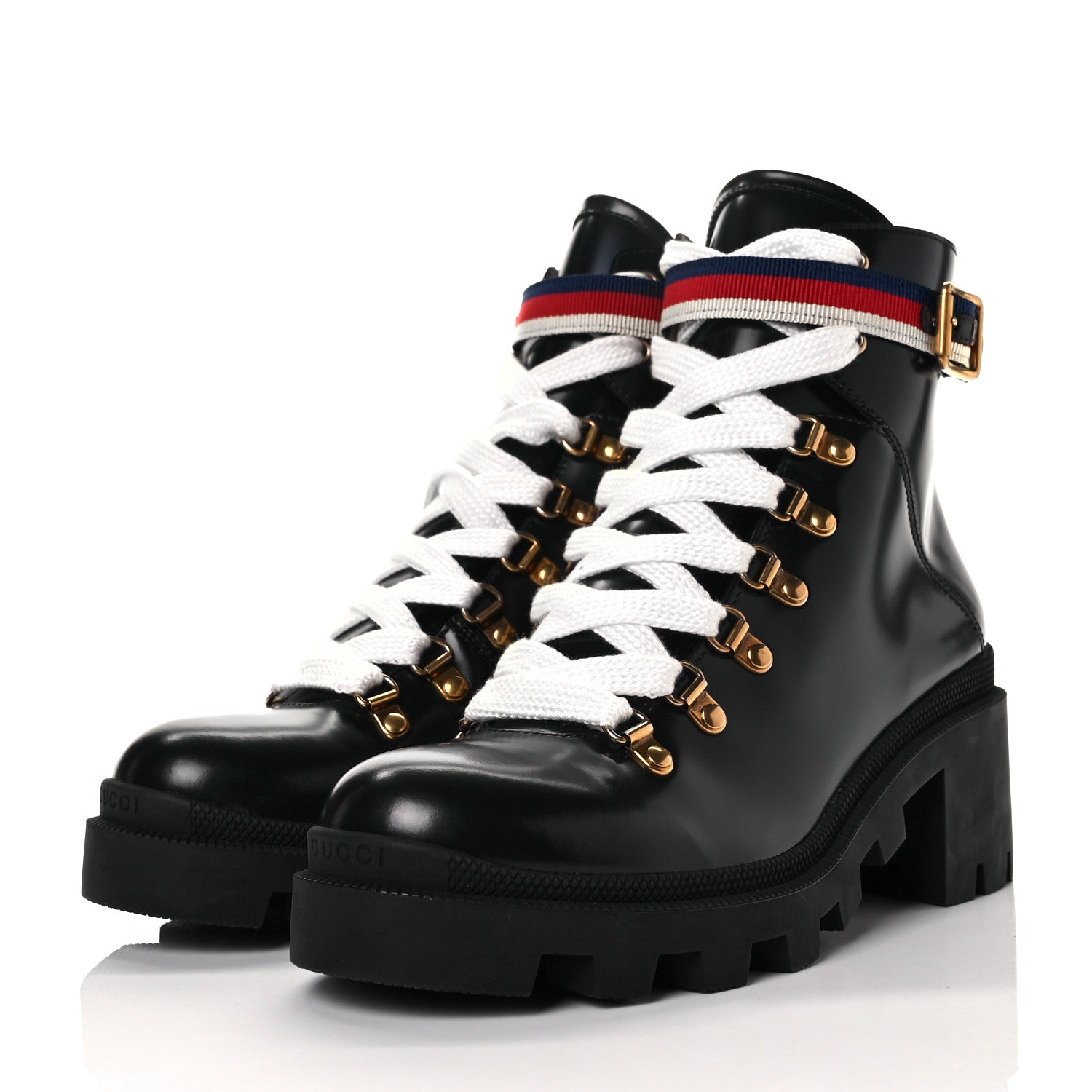 Gucci Calfskin Sylvie Web Womens Lace Up Combat Boots 39 Black 3 of 9