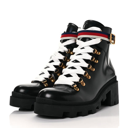 Gucci Calfskin Sylvie Web Womens Lace Up Combat Boots 39 Black 3 of 9