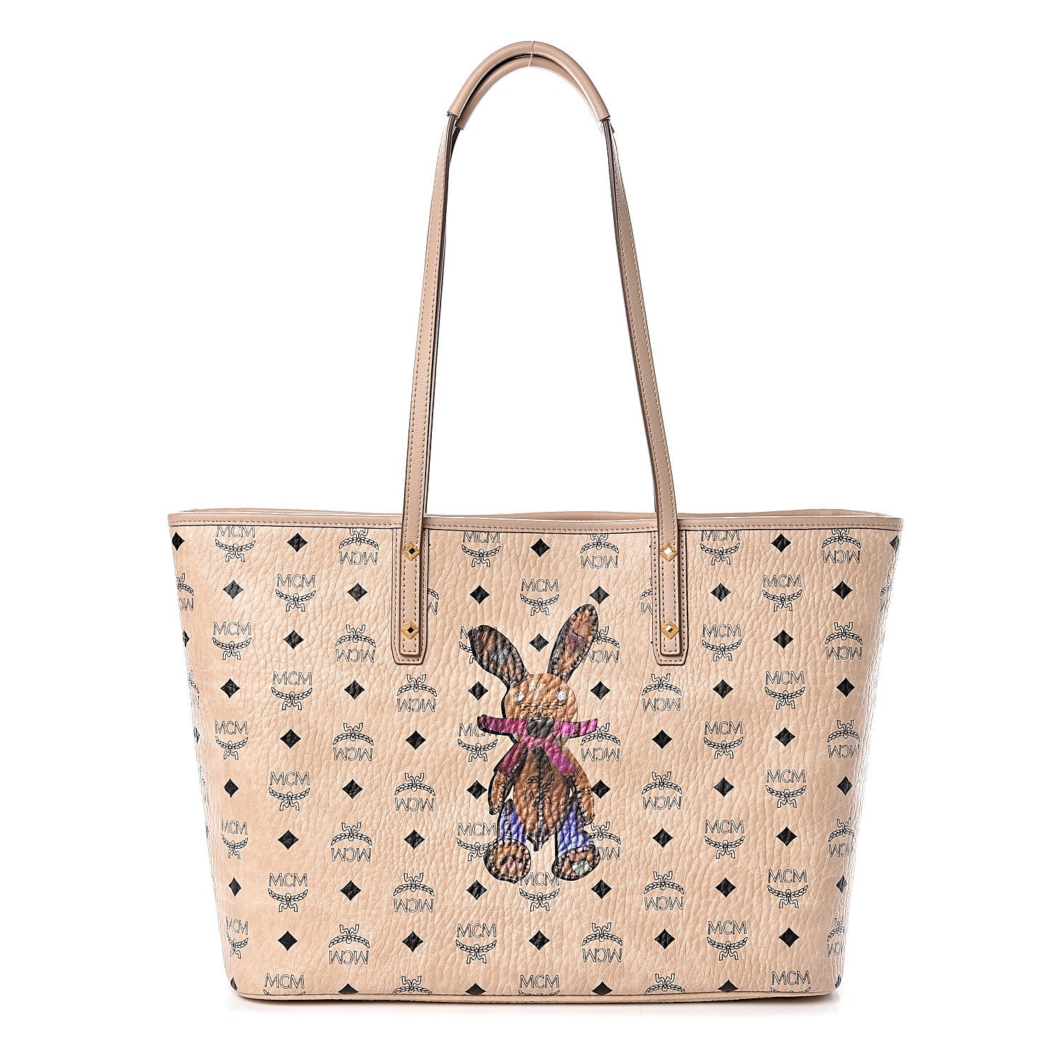 MCM Visetos Medium Rabbit Top Zip Shopper Tote Beige 3 of 11