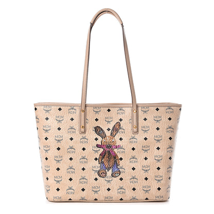 MCM Visetos Medium Rabbit Top Zip Shopper Tote Beige 3 of 11