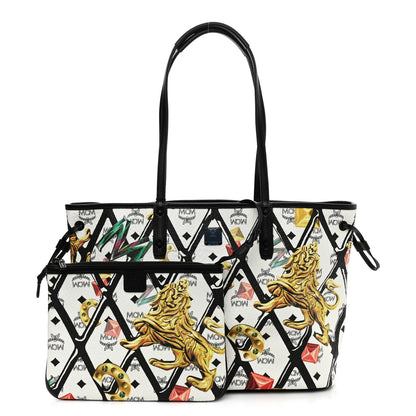 MCM Visetos Calfskin Motif Rombi Lion Printed Reversible Shopper Tote White 1 of 16