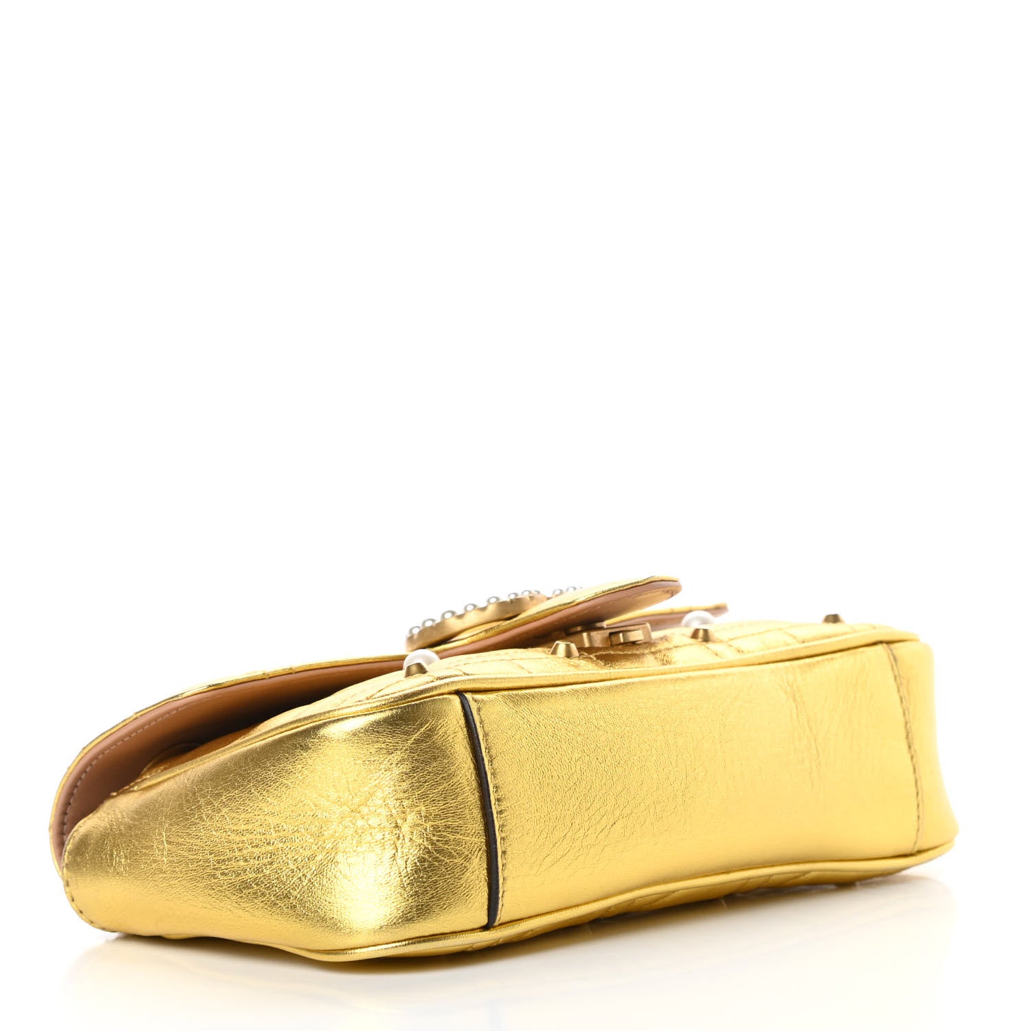 Gucci Metallic Calfskin Matelasse Studded Mini Pearly GG Marmont Shoulder Bag Gold 4 of 10