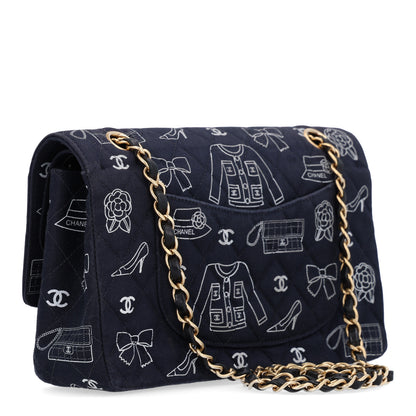 Chanel Canvas Printed Quilted Medium Double Flap Blue White 3 of 10