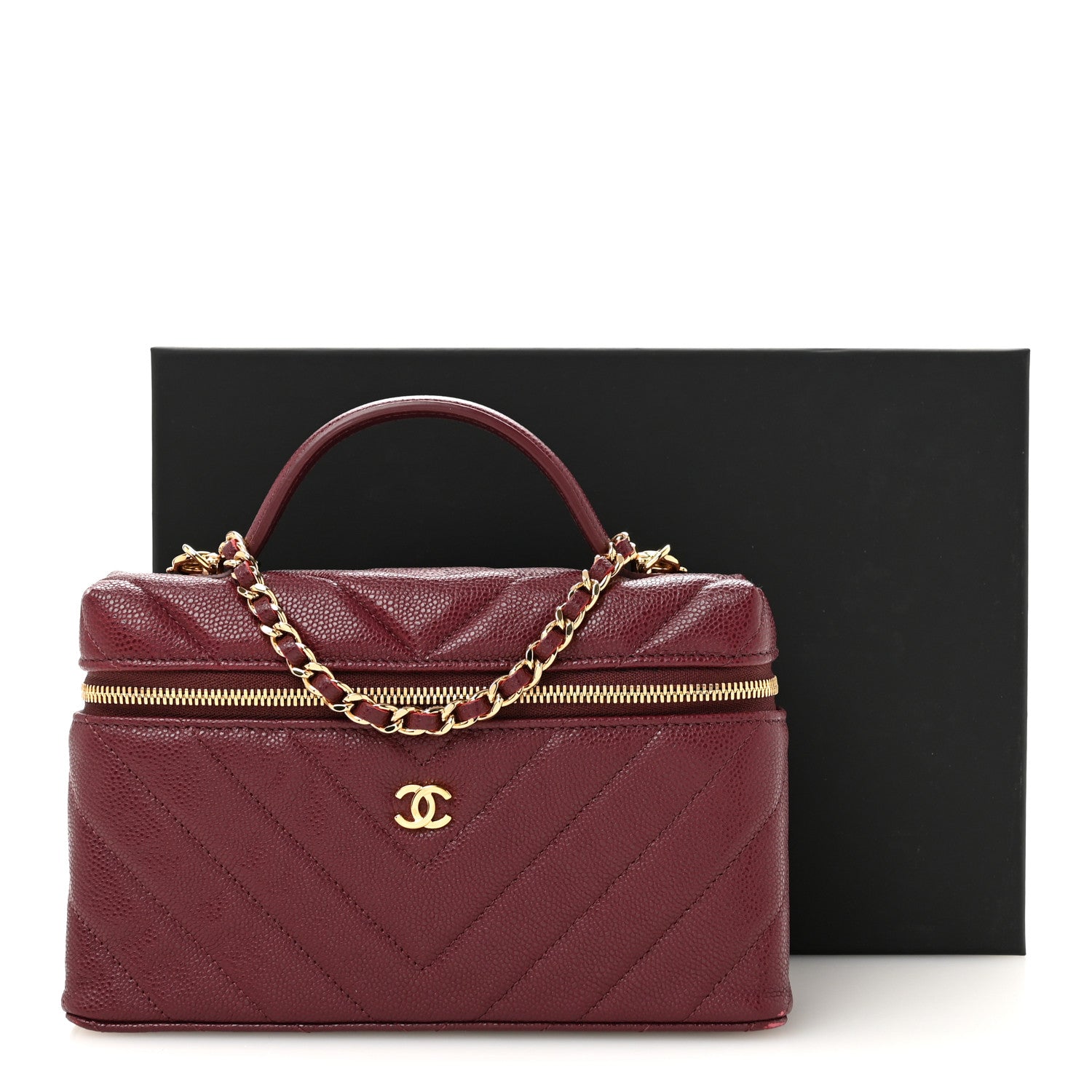 Chanel Shiny Caviar Quilted Sleek Chevron Vanity With Chain Burgundy 12 of 12