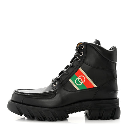 Gucci Quebec Calfskin Web Mens Interlocking G Lace Up Combat Boots 9 Black Mystic White Green Red 1 of 9