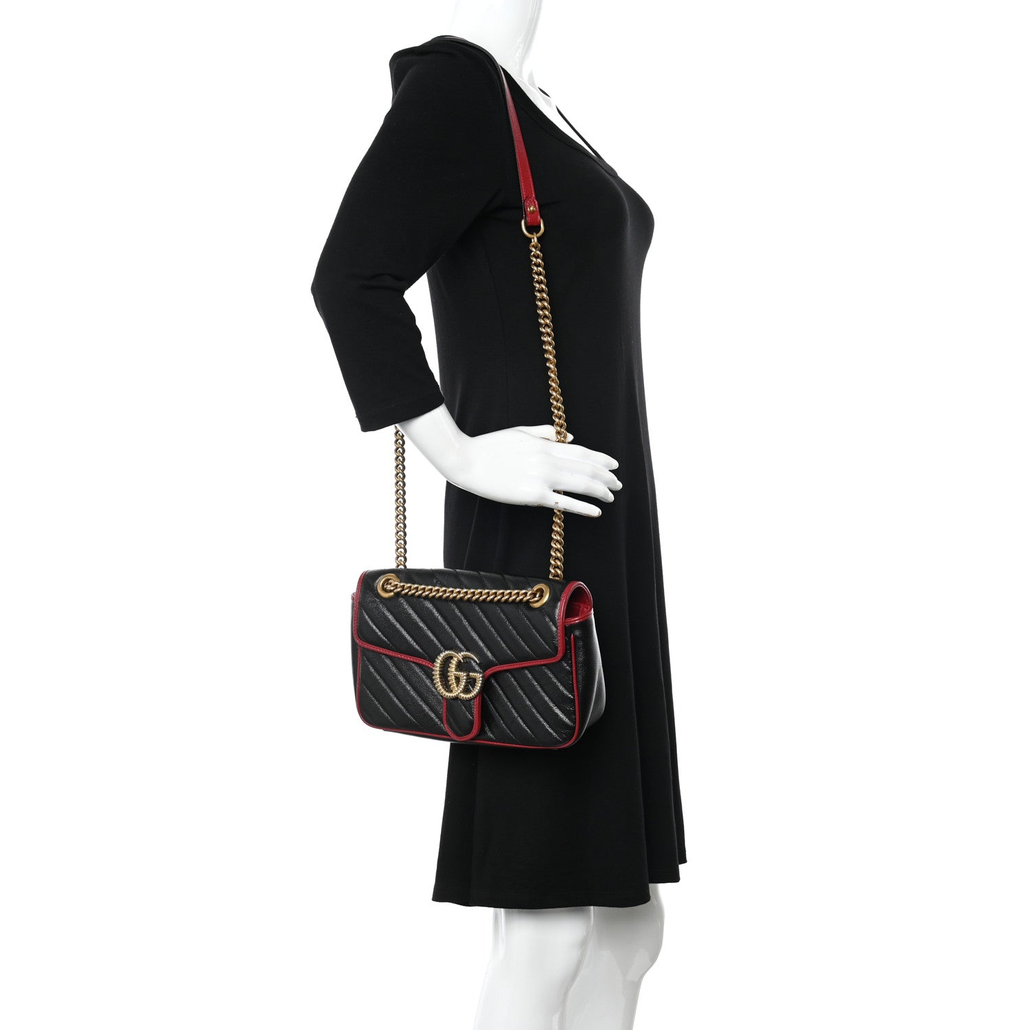 Gucci Vintage Effect Calfskin Matelasse Diagonal Small Torchon GG Marmont Shoulder Bag Black Romantic Cherry 2 of 13