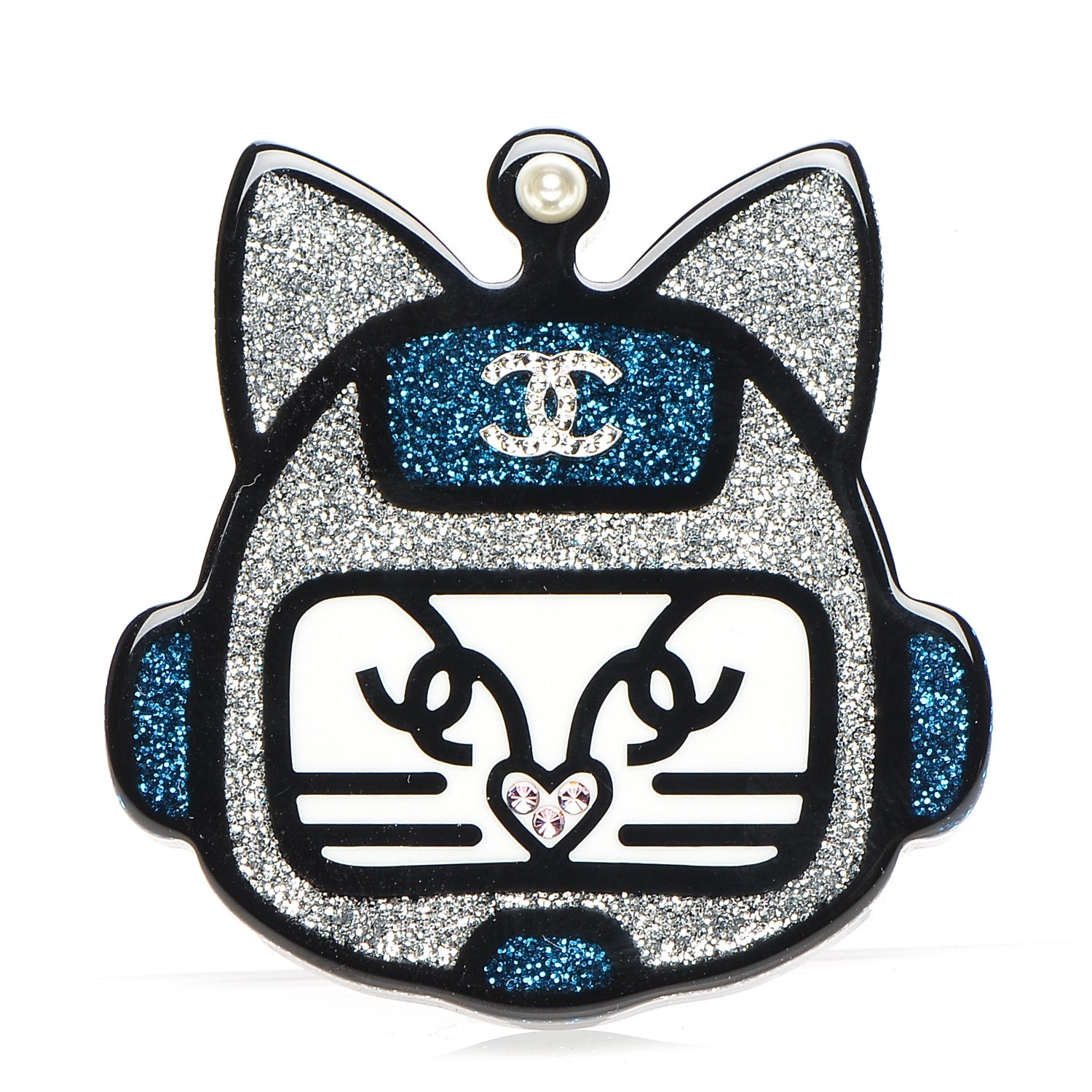 Chanel Resin Crystal Cat Emoji Brooch Black Blue Silver 1 of 4