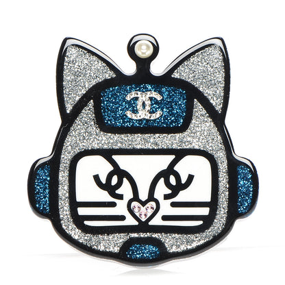 Chanel Resin Crystal Cat Emoji Brooch Black Blue Silver 1 of 4